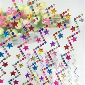 Detailed close-up view of colorful acrylic rhinestone star and dot stickers for crafts and decor.
