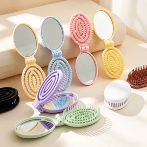 Pettine per Capelli Pieghevole Portatile con Cuscino d'Aria e Specchio 2-In-1 Mini Specchio in Plastica Compatto per Viaggio Donne Spazzola per Capelli