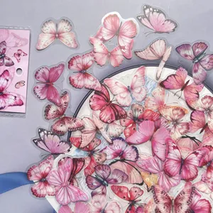40pcs cute pink butterfly PET transparent waterproof stickers pack for journaling diary deco.