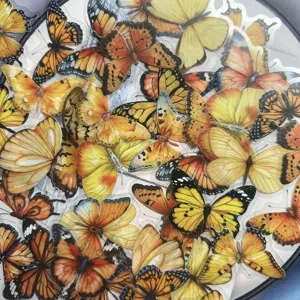 Close-up detail of colorful butterfly stickers, transparent waterproof PET journal decor.