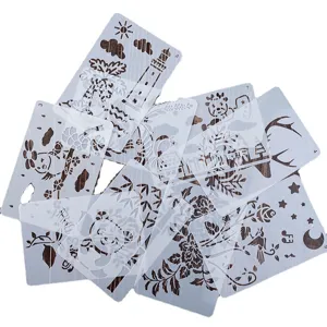 Plastic hollow painting templates set for DIY hand ledger journal and school art projects.