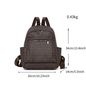 Stylish brown fashion travel backpack with large capacity and all-over letter pattern print.