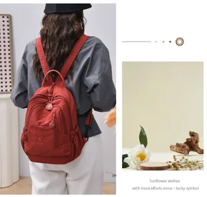 Nylon backpack small lightweight casual travel daypack multi-pocket daily commute bag red