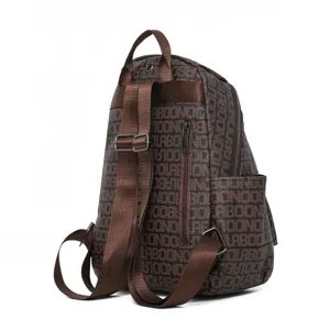 Brown printed travel backpack detail view, featuring adjustable straps and secure zip pocket.