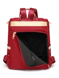 Stylish red Oxford cloth women backpack with beige trim and secure front zipper pocket for daily use.