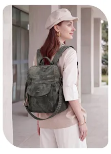 Vintage grey distressed women backpack stylish travel casual daypack with tassel detail.