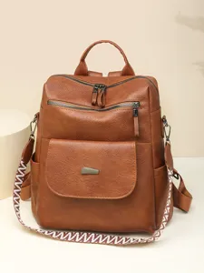 Women's Vintage PU Leather Backpack Large Capacity Casual Travel Daypack Ethnic Style Wide Strap Anti-Theft School Bag