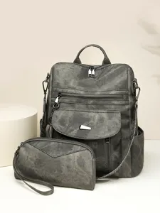 Women Vintage Distressed PU Leather Backpack Two-Piece Set Travel School Casual Daypack With Shoulder Bag
