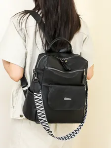 Women Vintage Soft Leather Backpack Casual Travel Daypack Ethnic Wide Strap Black Bag