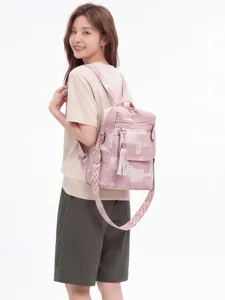 Korean Style Retro Women Backpack PU Leather Geometric Printed Commuter Shoulder Crossbody Bag With Tassel Pendant
