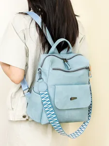 Women retro soft leather backpack with ethnic wide strap casual daypack light blue travel bag