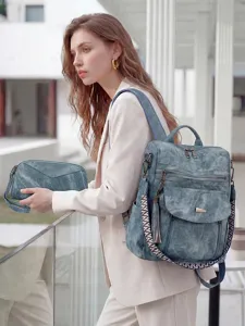 Vintage gray women backpack two piece set casual travel daypack with wide woven strap