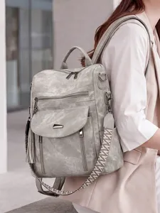 Stylish women vintage grey backpack with multi pockets for casual travel daily use bag