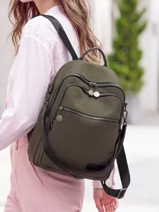 Stylish women backpack in olive green with multi-zipper pockets for casual daily commute.