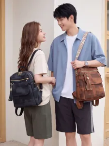 Stylish dual-tone casual backpacks for couples, retro pattern design with spacious compartments.