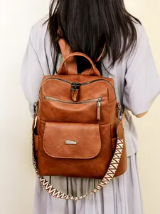 Retro brown soft leather women backpack with ethnic wide strap, large capacity daily casual bag.