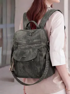 Stylish women vintage grey distressed leather backpack multi-pocket casual travel bag