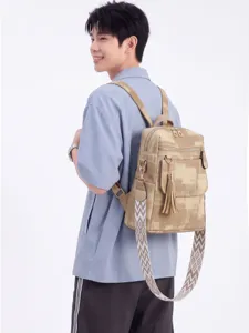 Korean style retro geometric pattern casual backpack for women, side view display.