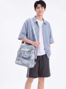 Stylish grey geometric pattern casual backpack versatile shoulder bag with wide strap