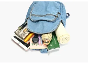 Sac à dos en denim décontracté, cartable vintage léger avec grand espace de rangement.