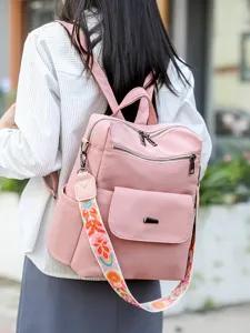 Stylish women pink anti-theft backpack with colorful wide strap casual travel bookbag