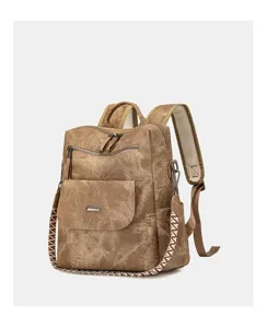 Nahaufnahme des vintage khakifarbenen Segeltuch-Rucksacks mit detaillierter Vordertasche.