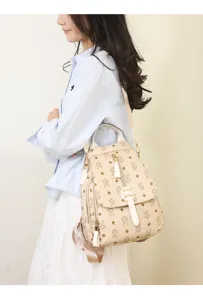 Women retro monogram backpack stylish leather casual commuting school bag large capacity chic