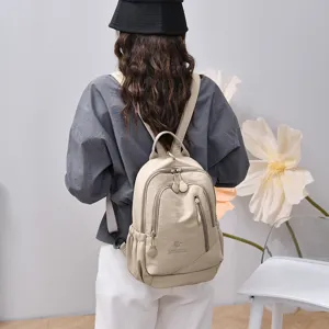 Casual lightweight nylon backpack for women, stylish multi-pocket daily travel beige bag