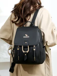 Black soft leather backpack for women, large capacity stylish casual travel daypack main view.