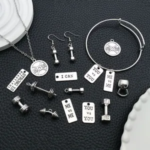 Gym fitness alloy jewelry charms set, dumbbell and barbell pendant necklace bracelet details.