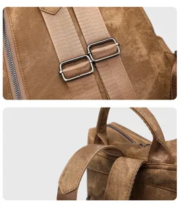 Close-up detail shot of the brown PU backpack showing adjustable straps and metal hardware.