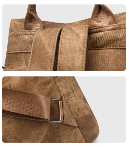 Detailed close-up view of vintage PU leather backpack featuring durable straps and hardware.