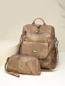 Damen Vintage PU Leder Rucksack Set Lässig Retro Großes Kapazität Reise Schulrucksack Mit Passender Clutch