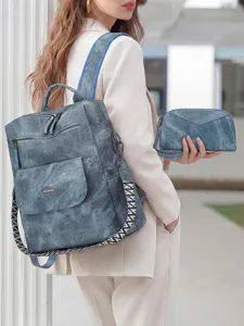 Damen Vintage-Rucksack Set blau grau PU Leder Freizeitrucksack mit passender Clutch Tasche