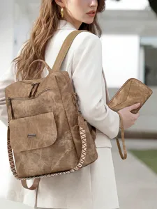 Damen Vintage Rucksack Set in Khaki mit passender Clutch, modische lässige Alltagstasche