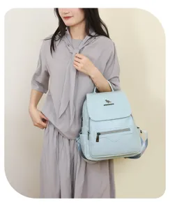 Detail shot of light blue leather women's backpack, featuring front zipper pocket and flap design.