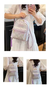 Women mini backpack nylon purple cute tassel schoolbag casual fashion travel daypack