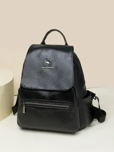 Minimalist PU Leather Casual Backpack For Women Large Capacity Travel School Bookbag Vintage Stitching Daypack Bag