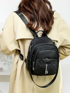Women fashion casual black leather backpack stylish daily commute travel bag main view.
