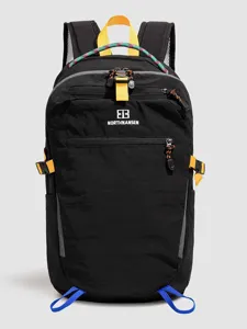 Black outdoor hiking backpack with yellow straps and large capacity for travel and sport.