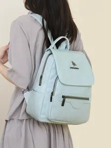 Light blue women casual PU leather backpack stylish large capacity school bag daily travel.