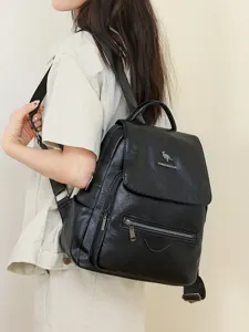 Black synthetic leather women's backpack casual large capacity shoulder book bag main view