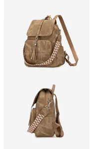 Vintage washed fabric women backpack with ethnic woven strap, large capacity travel bag.