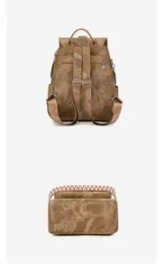 Detailed view of women retro washed fabric backpack showing back straps and woven bottom.