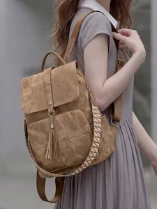 Vintage washed cloth women backpack large capacity travel casual daypack with woven strap