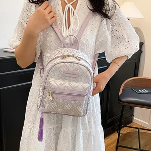 Women Mini Backpack Purple Embossed Nylon School Bag Casual Tassel Travel Casual Daypack