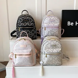 Women mini nylon backpack stylish embossed school bag travel casual daypack with cute tassel