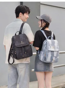 Washed denim texture backpack casual travel daypack large capacity stylish school bag for women