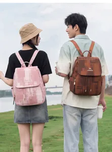 Casual outdoor backpack detail shot, stylish drawstring flap design with large capacity.