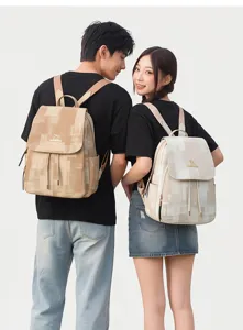 Stylish casual backpack with drawstring flap, water-washed texture pattern, large capacity for travel.